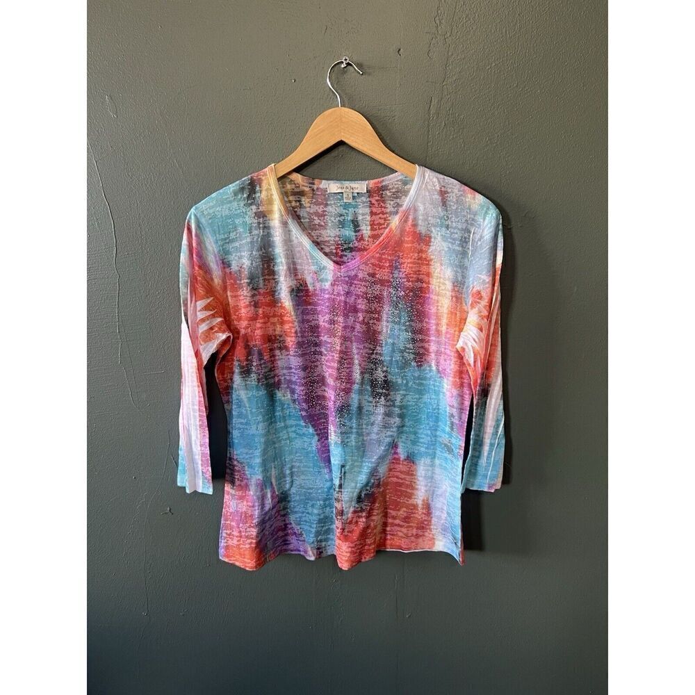 Jess & Jane Womens Blue Red Tie Dye 3/4âSleeve Sheer Shirt size Small